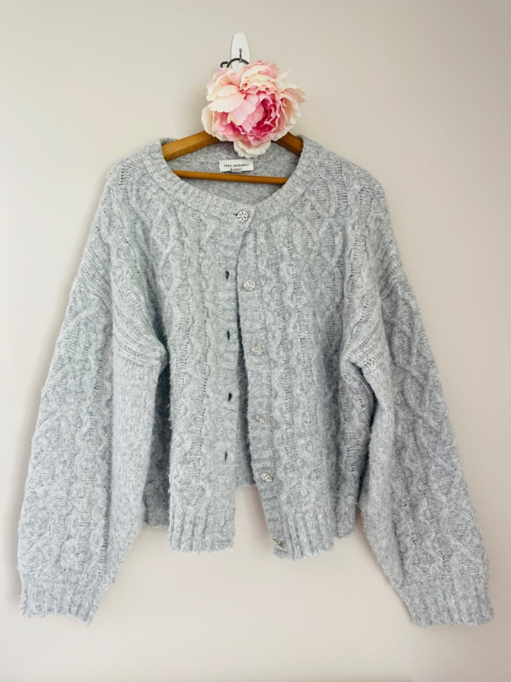 Free Assembly Cable Knit Crew Cardigan Sweater Light Gray XL 16-18
